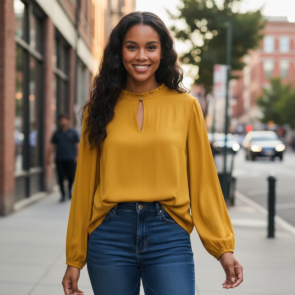 Loft Mustard Yellow Ruffle Neck Long Sleeve Blouse – Size L Excellent Condition